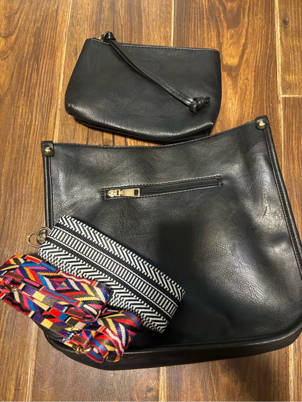 Black Leather Crossbody Bag and Pouch with Removable Straps